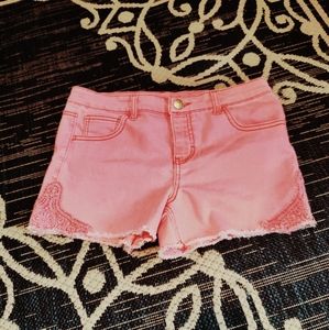 Big Girls Cherokee Size XL (approx size 18/20) Peach Frayed & Lace Denim Shorts